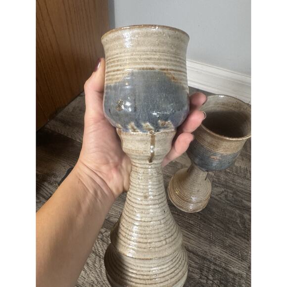 Studio Art Pottery Large Wine Goblet/Chalice 9 3/4” Set of 4 Handmade Glasses - Picture 14 of 16